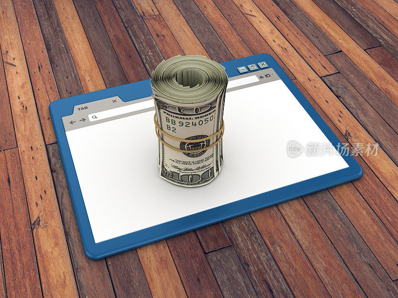 网页浏览器与美元钞票钞票滚在木地板背景- 3D渲染